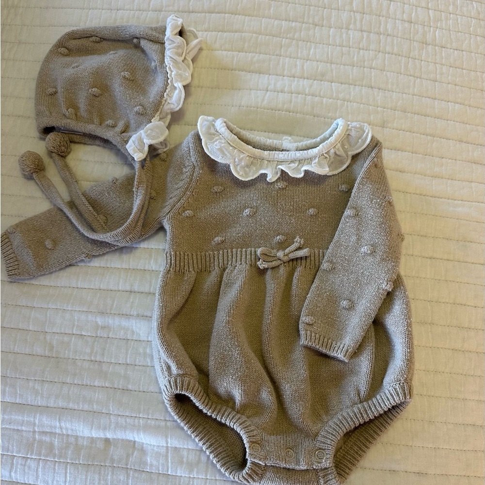 Cozy Knit Baby Romper and Bonnet Set - Tan